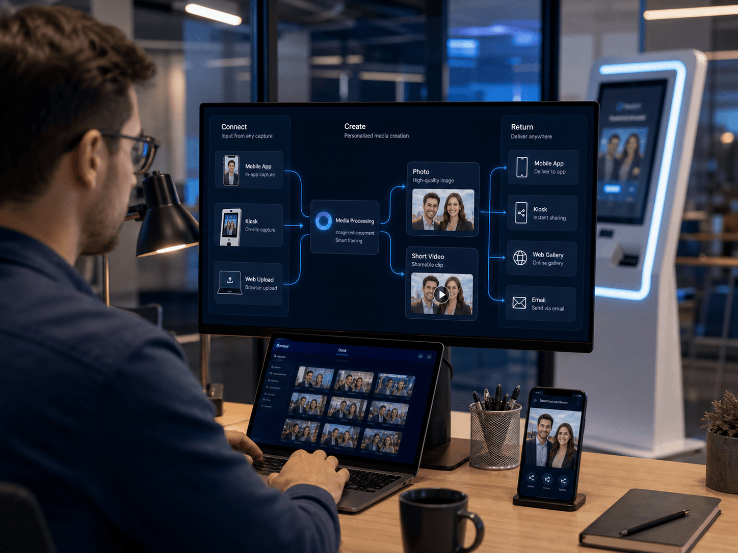 A product engineer reviewing a conceptual ZoomSelfie media integration flow