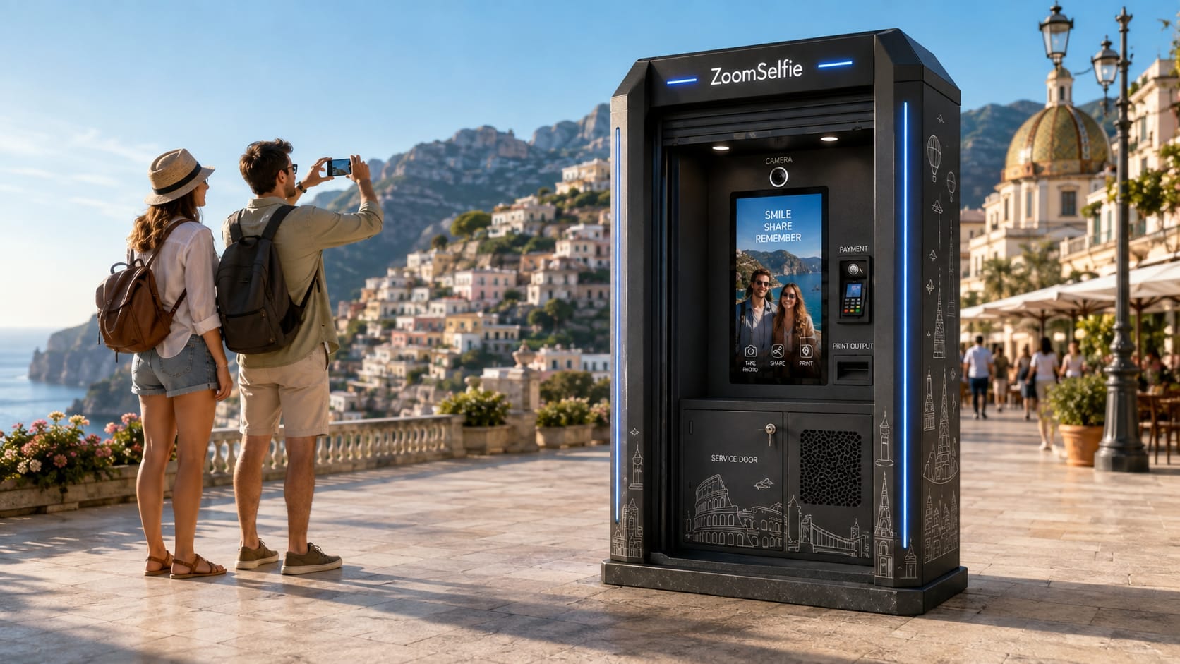Travellers near a ZoomSelfie kiosk at a coastal destination
