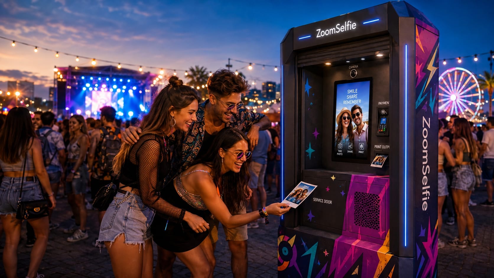 Friends collecting a printed ZoomSelfie memory at a festival