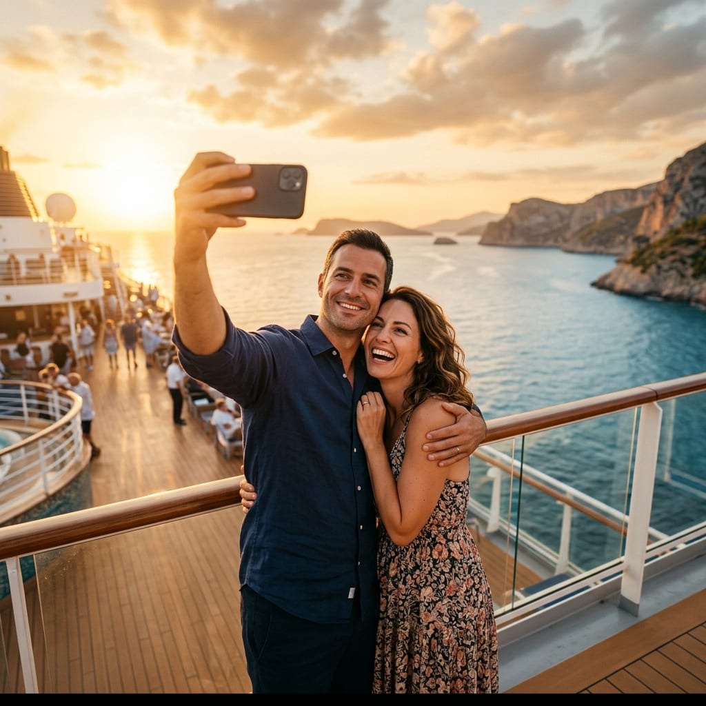Couple sharing a personalized cruise photo