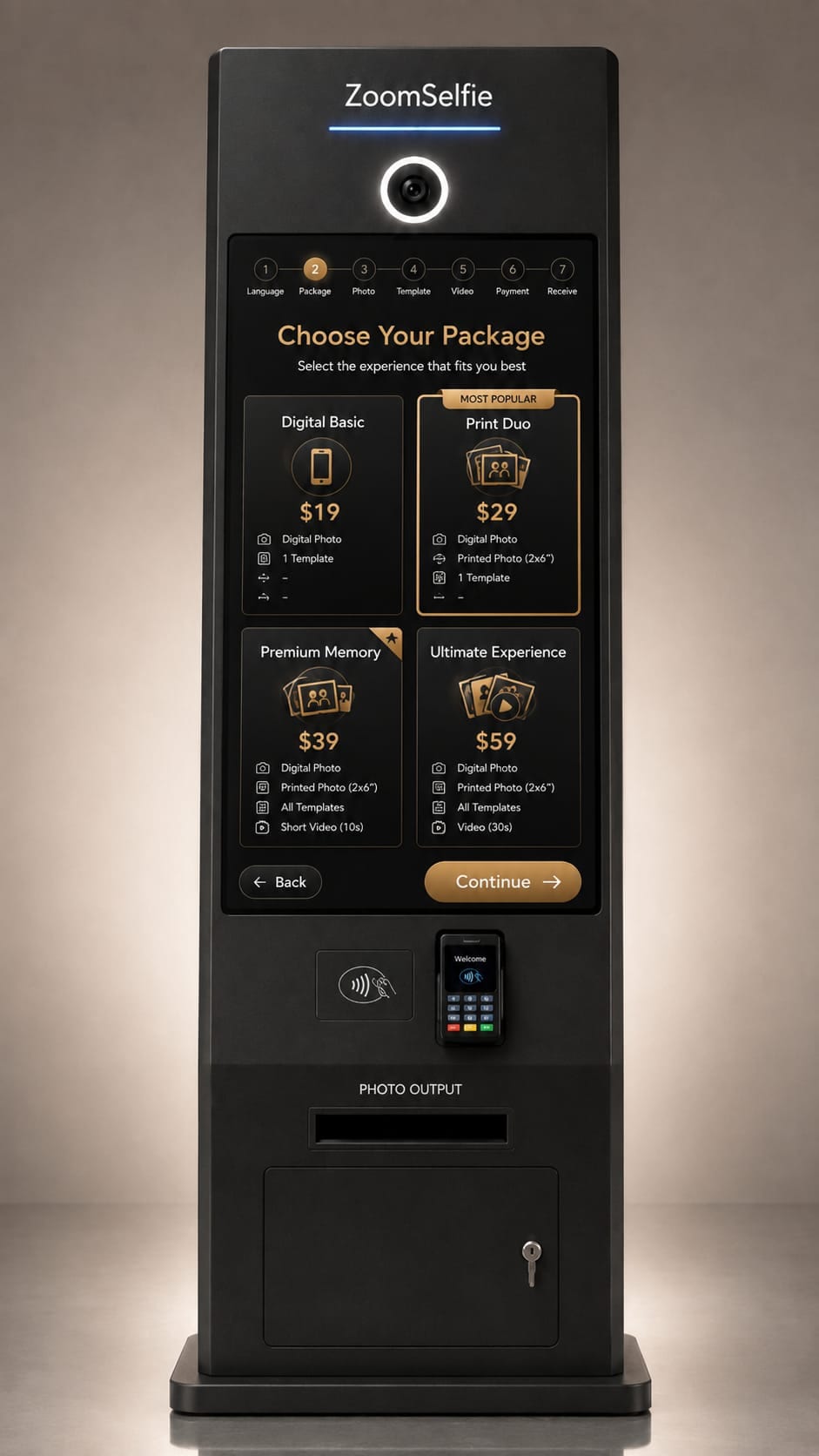 ZoomSelfie kiosk package selection screen