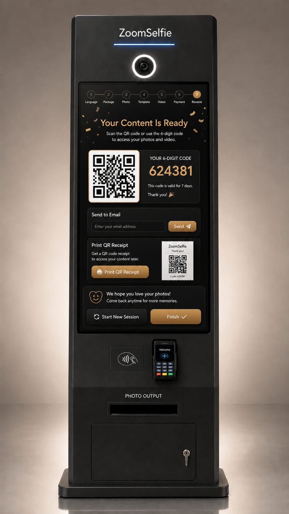 ZoomSelfie kiosk QR and content delivery screen