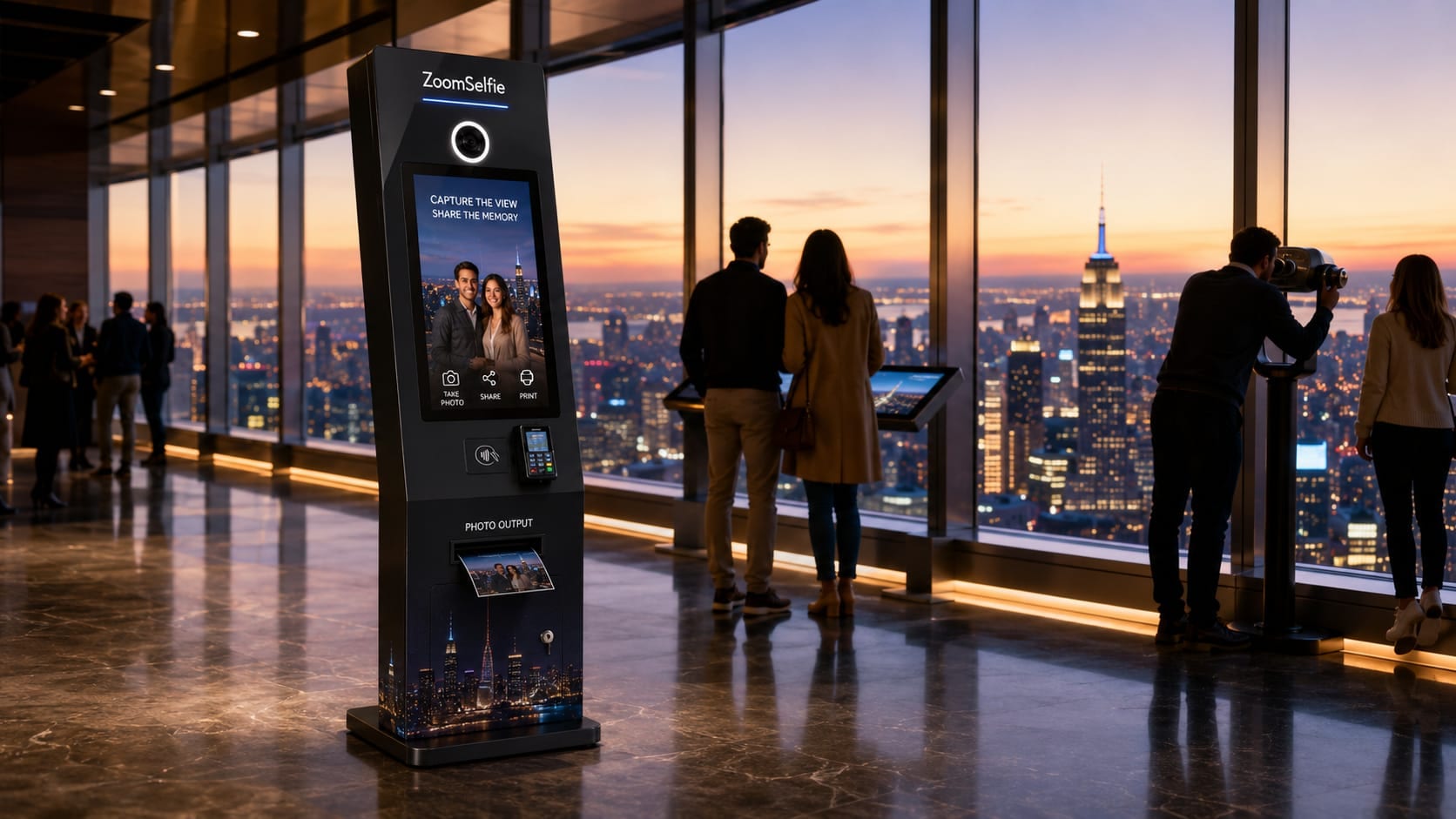 A ZoomSelfie kiosk overlooking a city skyline
