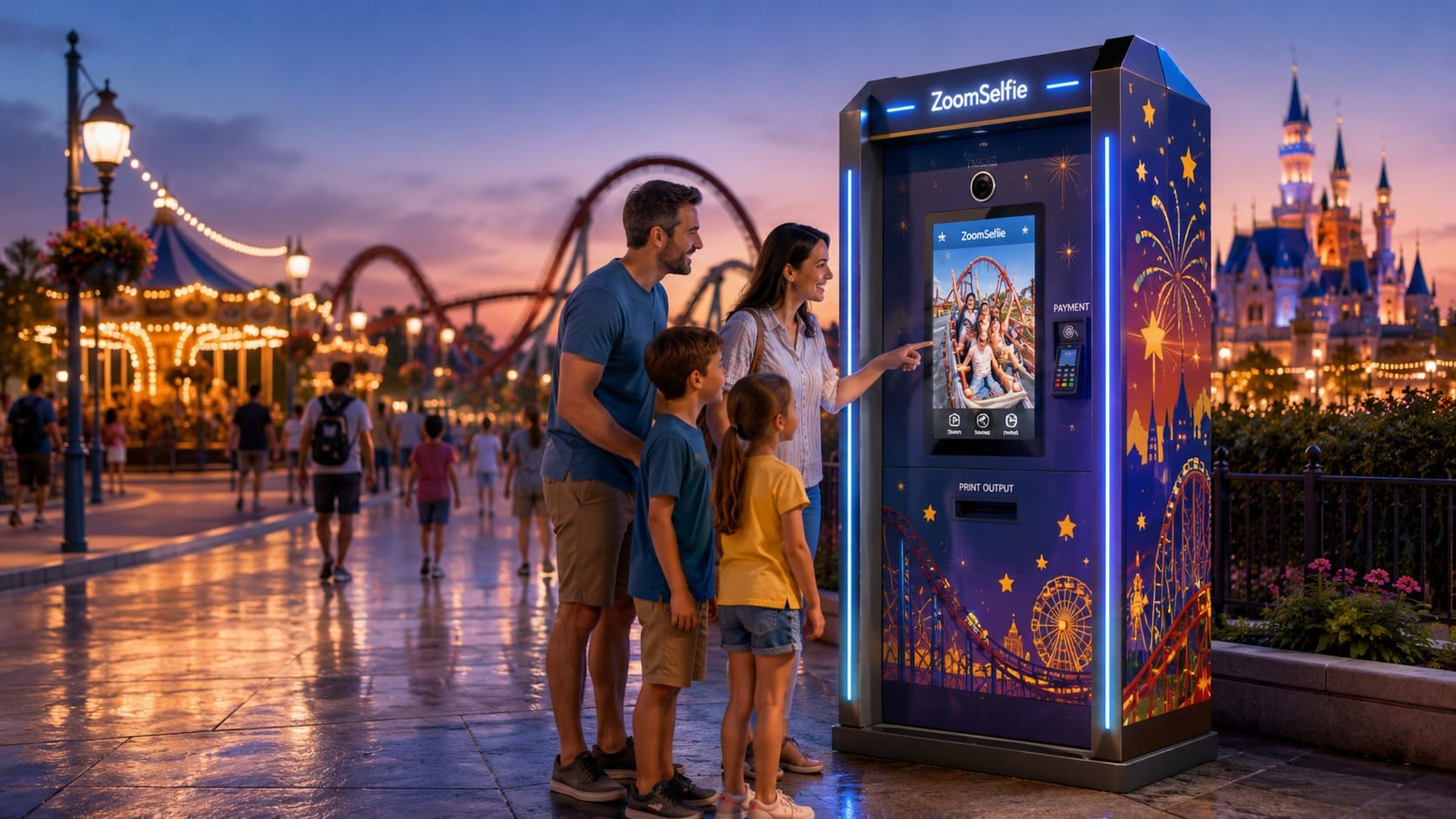 A family using a destination-branded ZoomSelfie kiosk at a theme park