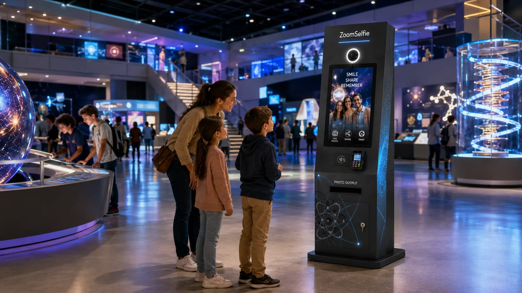 A family engaging with a ZoomSelfie kiosk in a science museum