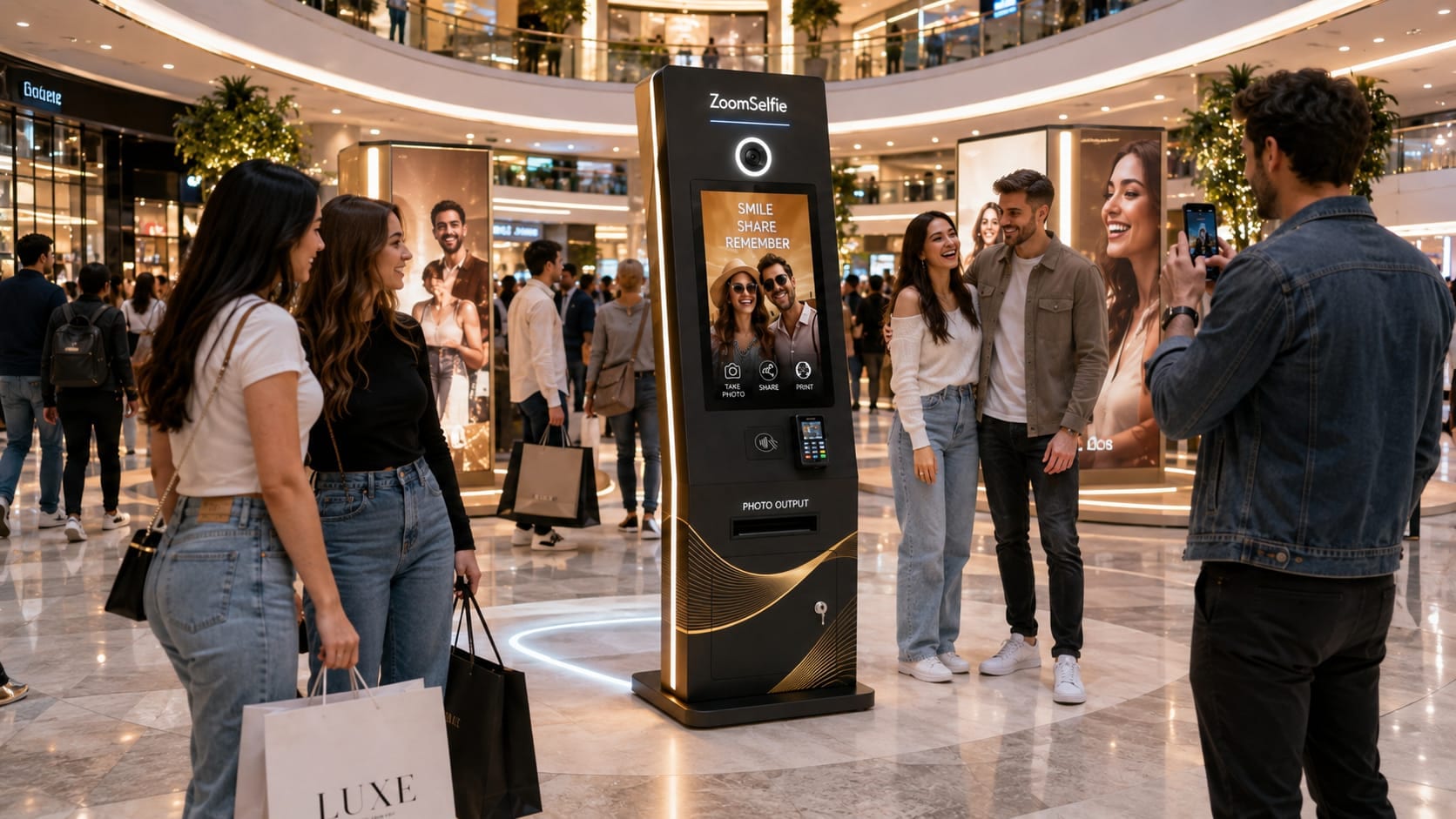 Visitors engaging with a ZoomSelfie kiosk in a busy destination