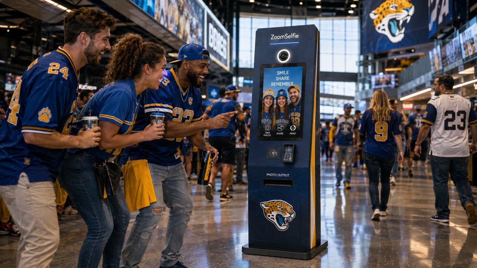 Friends creating personalized content at a sports event